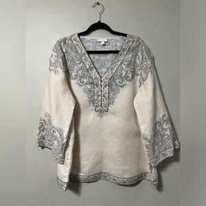 J.Jill Linen Ornate Paisley Tunic Top V Neck Paisley 3/4 Sleeves Size L tall